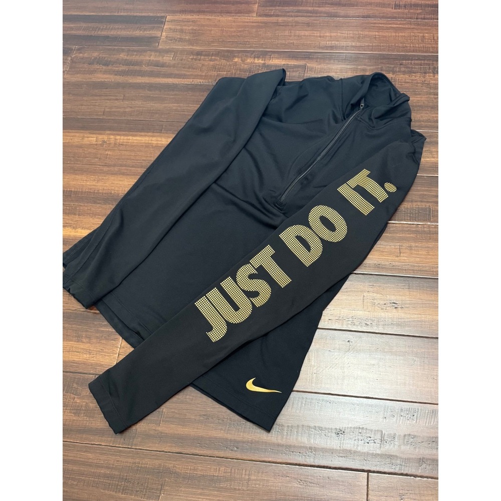 Nike Womens Dri-FIT Quarter Zip Running Top Black Gold Just Do It Pullover M